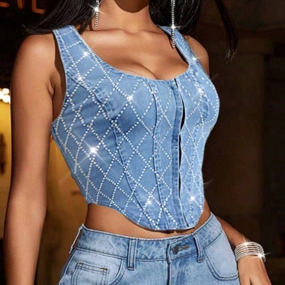 Medium Wash Party Women's Sequin Asym Hem Crop Tank Top Festival Corset Top - Picture 5 of 6